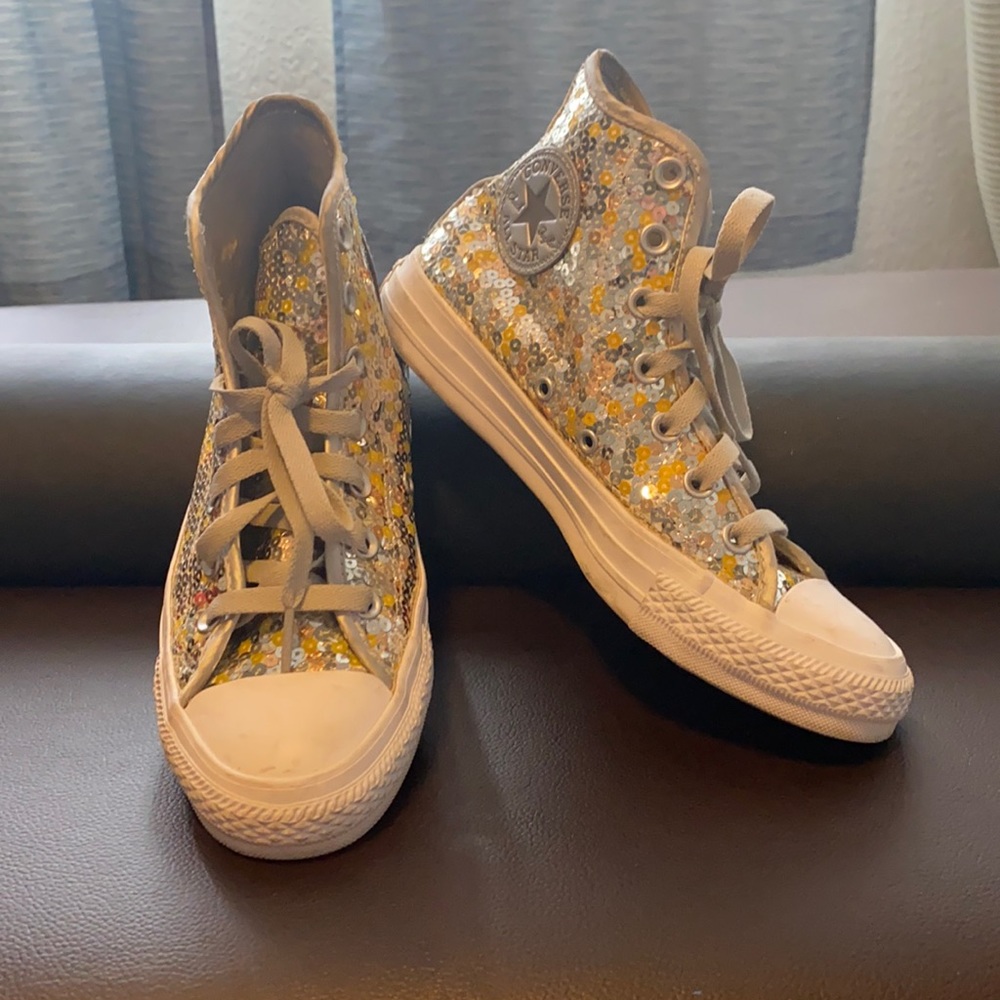 Sequin gold and silver high top converse
